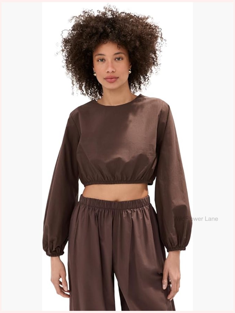 Cropped Blouse Crew Neck Long Sleeves Poplin Cotton Wash Cold